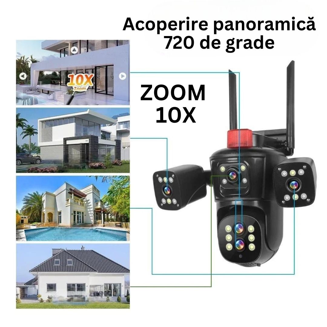 Cameră de Supraveghere PTZ cu WiFi, Rezolutie 10K, 20MP, Zoom Optic 10X, 5 Lentile, Vizualizare pe 4 Ecrane, Night Vision Color, Comunicare Bidirecțională, Functie de  Urmărire Automată cu Identificarea tipului de miscare