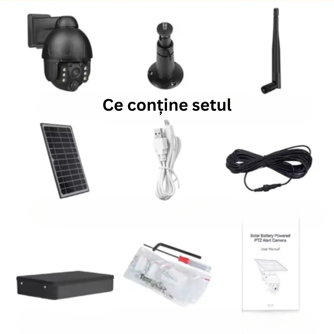 Cameră de Supraveghere WiFi Exterior 4MP, Încărcare Solară, Night Vision, Rezistență la Apă IP67, Detectare Mișcare, Microfon și Difuzor Bidirecționale, Control Complet al Camerei prin Aplicație