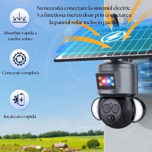 Cameră Supraveghere 4G 4K UHD, Dual Lens, Zoom Optic 12X, Panou cu Încărcare Solară, Rotire PTZ 350°, Vedere Nocturnă IR, Rezistentă la Apă IP66, Stocare TF 128GB