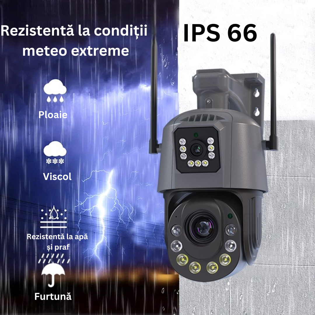 Cameră Smart 4G și WiFi cu Panou Solar, Night Vision IR 30m, Funcție PTZ Reglabilă din Aplicație, Difuzor și Microfon Bidirecționale, Detectare Mișcare Umană, IP66, Stocare MicroSD 128GB