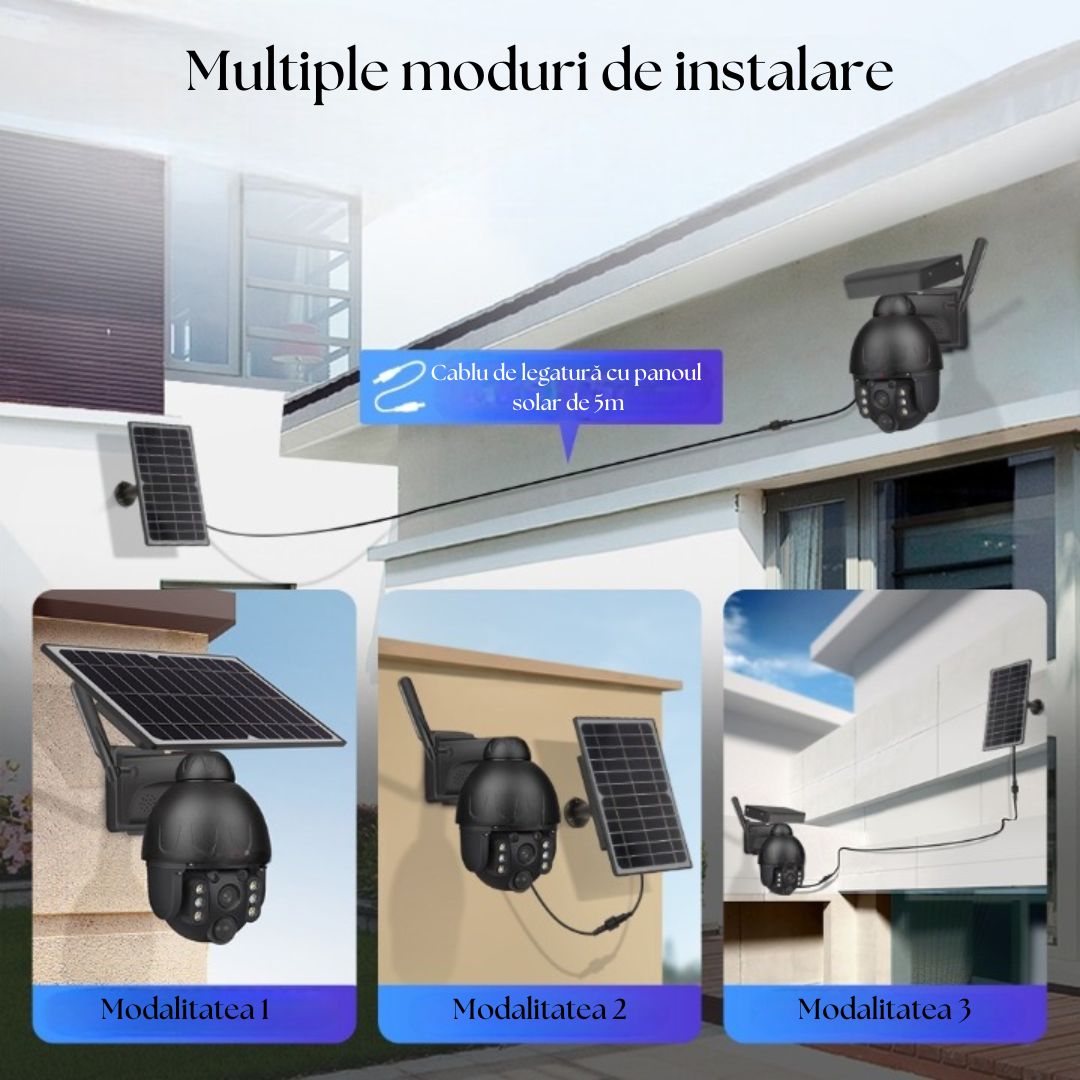 Cameră de Supraveghere cu Încărcare Solară 4G 8K, Night Vision 35m, PTZ (Rotire și Zoom Controlabile din Aplicație), Detectare Mișcare PIR (Identificare Forme Umane), Microfon și Difuzor Bidirecționale, IP66, Stocare MicroSD 128GB