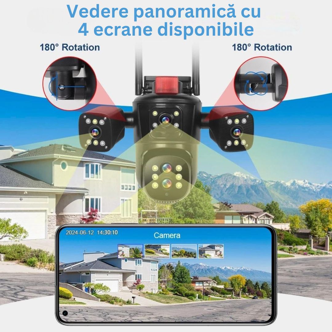 Cameră de Supraveghere PTZ cu WiFi, Rezolutie 10K, 20MP, Zoom Optic 10X, 5 Lentile, Vizualizare pe 4 Ecrane, Night Vision Color, Comunicare Bidirecțională, Functie de  Urmărire Automată cu Identificarea tipului de miscare