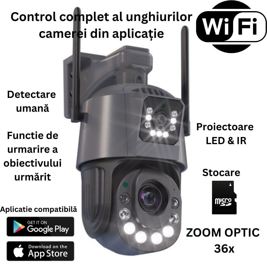 Cameră de Supraveghere PTZ 6MP HD, Conexiune WiFi , Zoom Optic 36X, Night Vision 120m, Detectare Mișcare Umană, Microfon si Difuzor Bidirecționale, Rezistenta la apa IP66