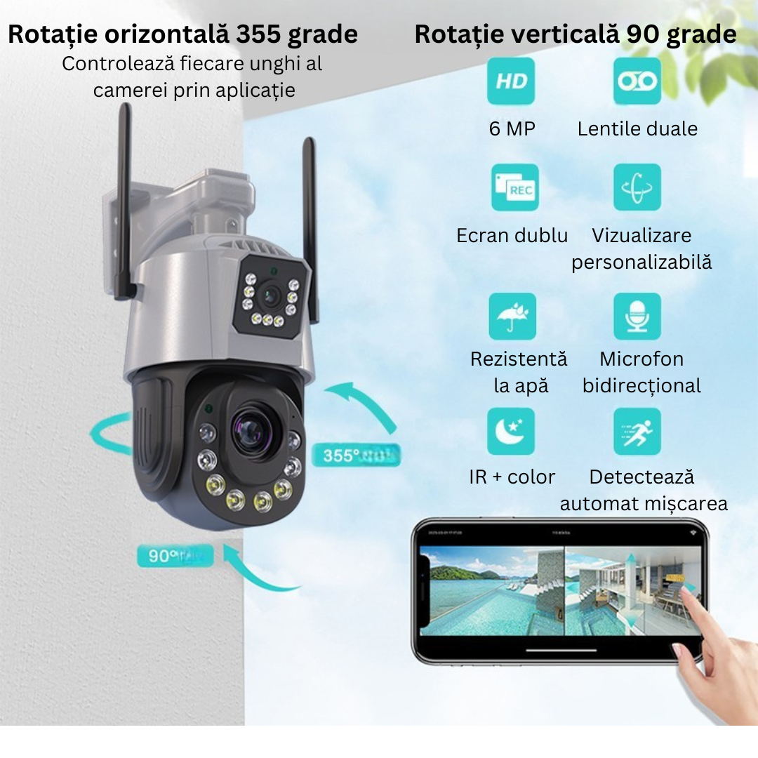 Cameră Smart 4G și WiFi cu Panou Solar, Night Vision IR 30m, Funcție PTZ Reglabilă din Aplicație, Difuzor și Microfon Bidirecționale, Detectare Mișcare Umană, IP66, Stocare MicroSD 128GB