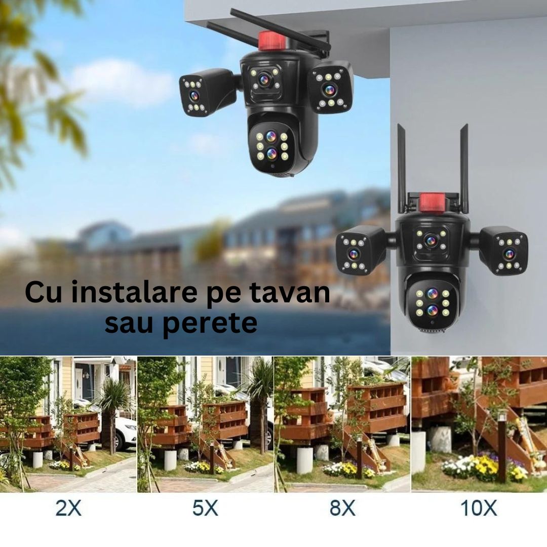 Cameră de Supraveghere PTZ cu WiFi, Rezolutie 10K, 20MP, Zoom Optic 10X, 5 Lentile, Vizualizare pe 4 Ecrane, Night Vision Color, Comunicare Bidirecțională, Functie de  Urmărire Automată cu Identificarea tipului de miscare