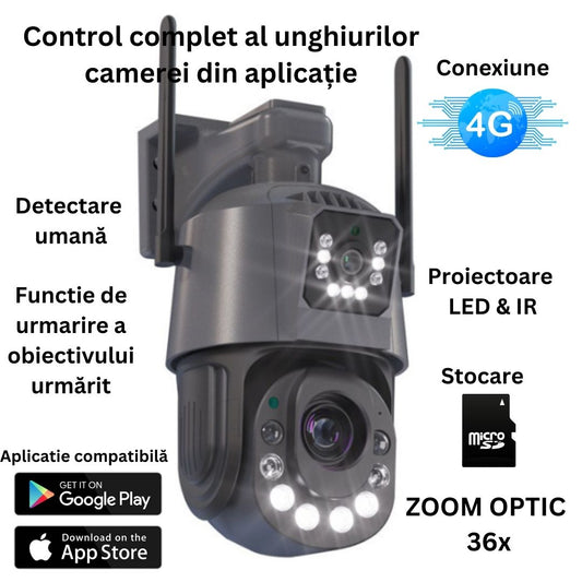 Cameră de Supraveghere PTZ 6MP HD, Conexiune 4G, Zoom Optic 36X, Night Vision 120m, Detectare Mișcare Umană, Microfon si Difuzor Bidirecționale, Rezistenta la apa IP66