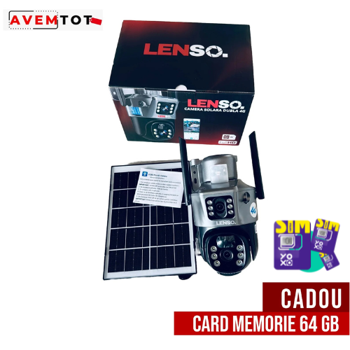 Camera Supraveghere LENSO 4G Dubla + CARD 64GB + CARTELA INTERNET
