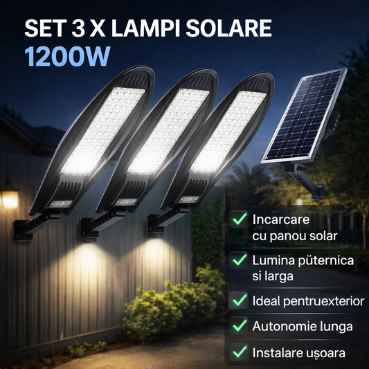 SET 3 x Lampa Stradala 1200W, Incarcare Solara, 55 CM