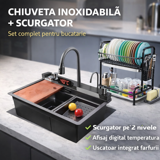 Chiuvetă de bucătărie otel inoxidabil, afisaj digital temperatura apa + scurgator Vase!