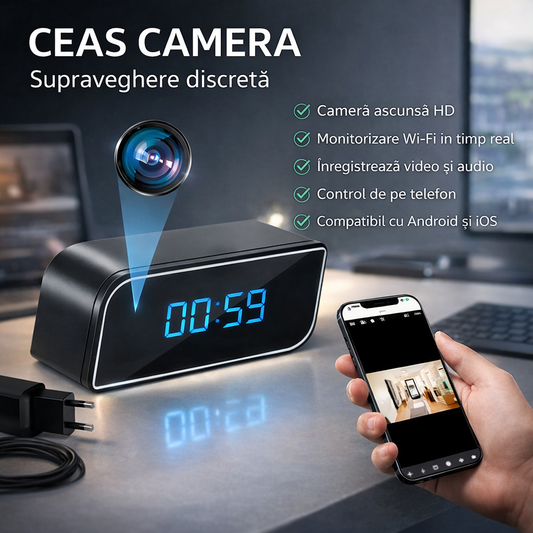 Camera spion WI-FI ascunsa in ceas desteptator + CARD DE MEMORIE