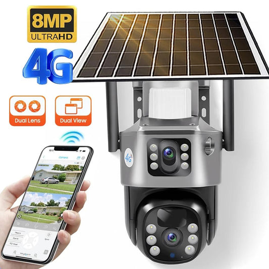 Camera Supraveghere 4G Dubla cu Panou Solar, Ultra HD, Dual Camera 5MP+ CARD CADOU