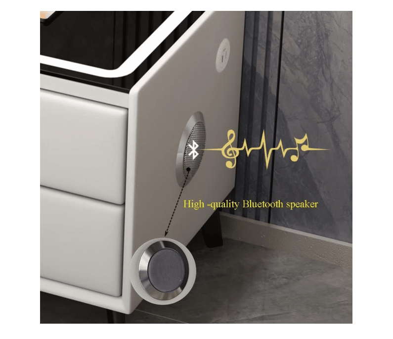 Noptiera inteligenta cu incarcare wireless, lumini LED reglabile, difuzore Bluetooth, 2 sertare de depozitare