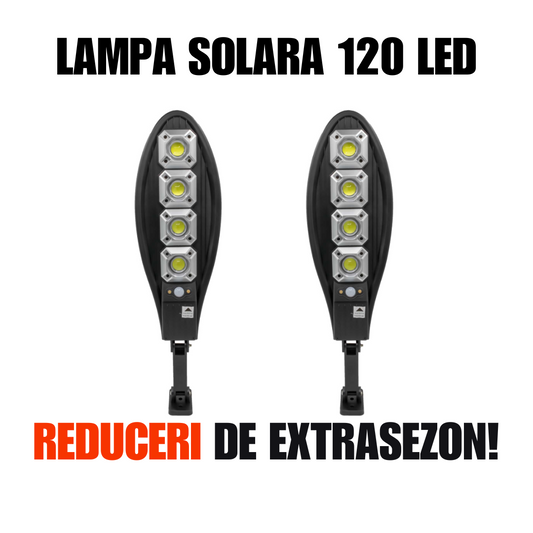 Reduceri masive ! Set 2 x Lampa Solara stradala 120 LED-uri, 3 moduri de functionare, cu telecomanda. Lichidare de stoc! Acum, transport gratuit!