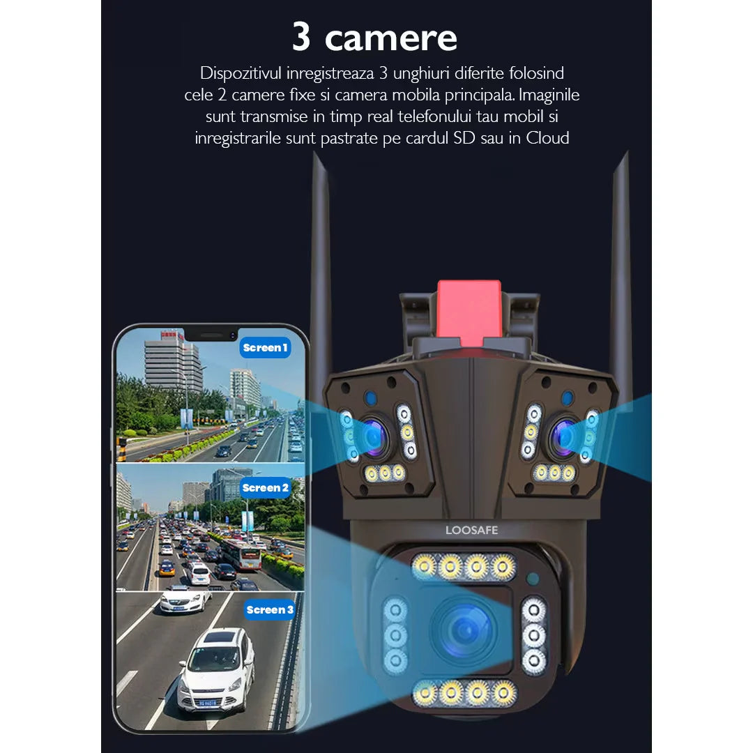 Camera de Supraveghere Tripla WIFI, 12MP + CAMERA JORTAN CADOU