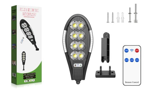 PACHET 2x Lampa Solara Stradala cu Telecomanda, 208 LED 8 COB, cu Senzori de Amurg, Miscare si Lumina, IP65 Wateproof, 3 Moduri Functionare, Brat de Montare Inclus, Negru