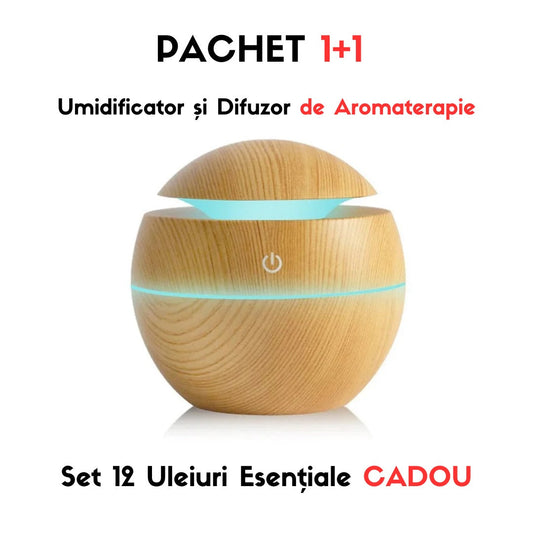 Set 2 X  Umidificator Si Difuzor De Aromaterapie, Culori Ambientale, Capacitate 230ML+CADOU 12 Uleiuri Esentiale Pentru Aromaterepie