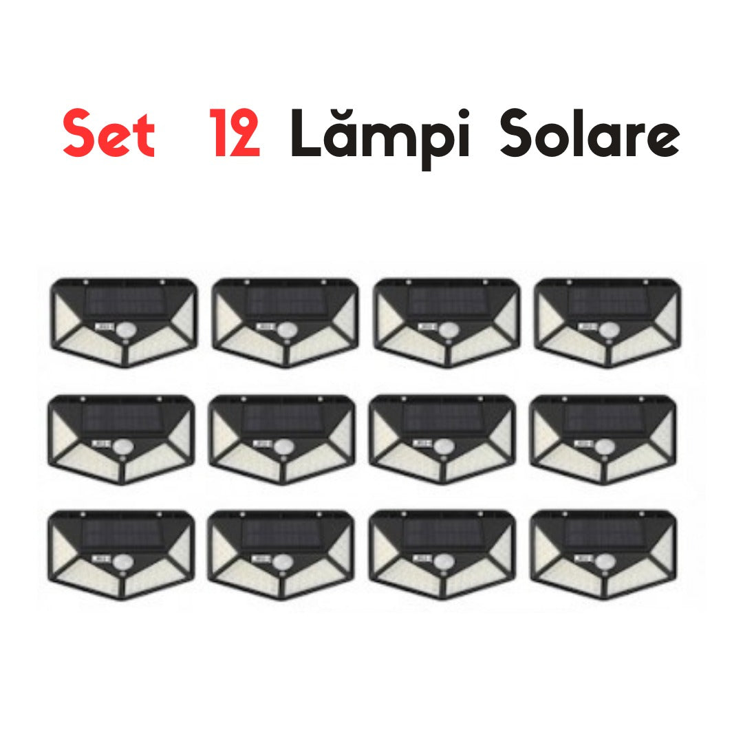 Set 12 x Lampa cu Incarcare Solara , Senzor de Miscare, 3 Moduri de Iluminare, 100 LED, Prindere pe Perete - TRANSPORT GRATUIT