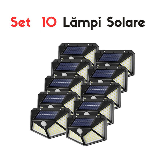 Set 10 x Lampa cu Incarcare Solara , Senzor de Miscare, 3 Moduri de Iluminare, 100 LED, Prindere pe Perete