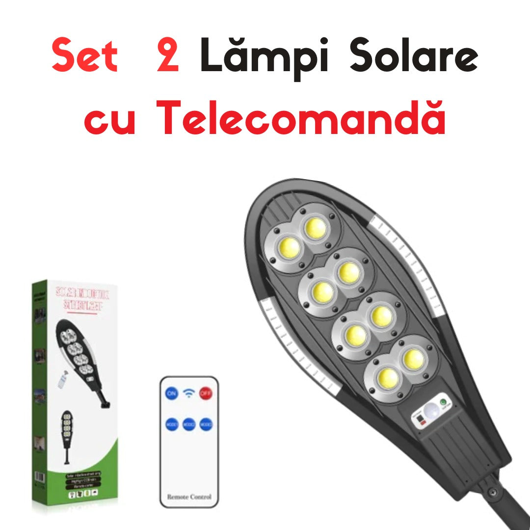 PACHET 2x Lampa Solara Stradala cu Telecomanda, 208 LED 8 COB, cu Senzori de Amurg, Miscare si Lumina, IP65 Wateproof, 3 Moduri Functionare, Brat de Montare Inclus, Negru