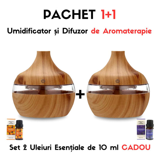 PACHET 2 X  Umidificator Si Difuzor De Aromaterapie, Culori Ambientale, Capacitate 230ML+CADOU 2 Uleiuri Esentiale 10ML Pentru Aromaterepie